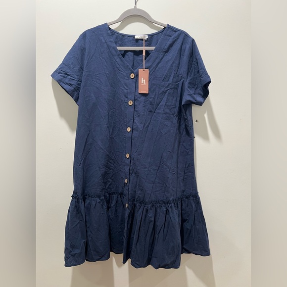 NWT Hot Touch Navy Blue Cotton Button Front Tiered Mini Dress Size XL - Picture 6 of 6